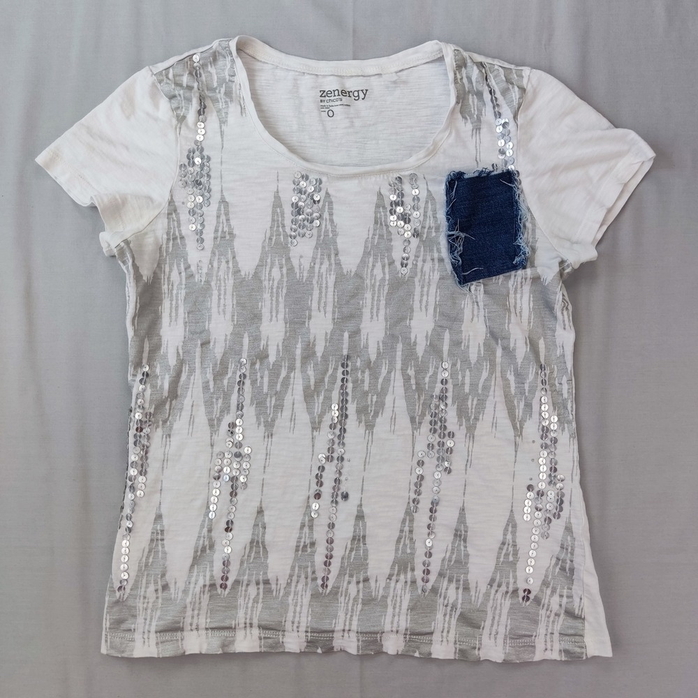 Zenergy‎ T Shirt Womens 0 White Grey Ikat Sequin Denim Patch Pocket Slub Cotton